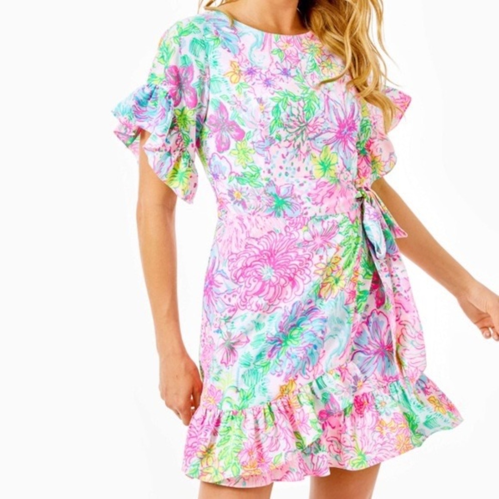Lilly Pulitzer Pastel Floral Ruffle Sleeve Wrap Dress - Pink, Green, Blue